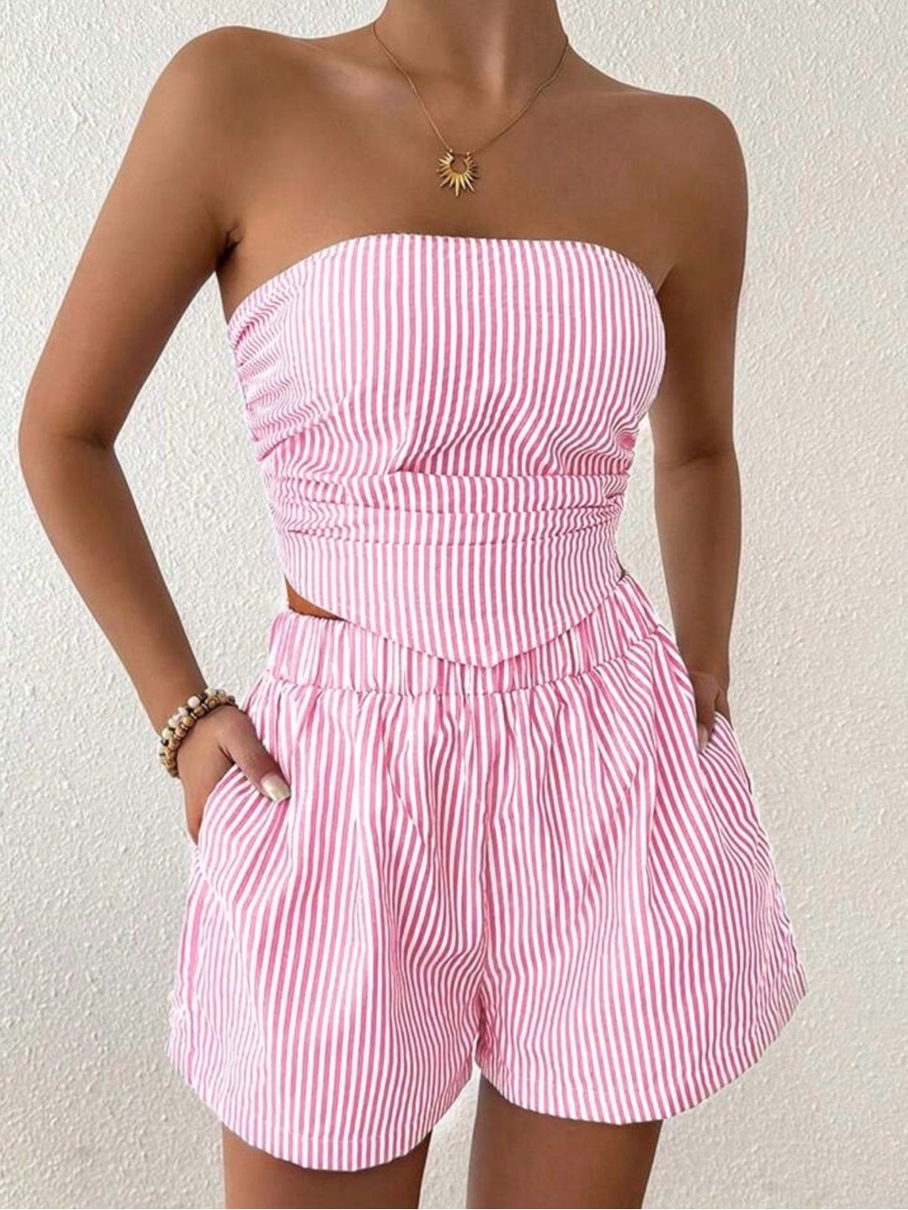 SHEIN Breezaya 2pcs Vacation Casual Striped Bandeau Top And Shorts Set